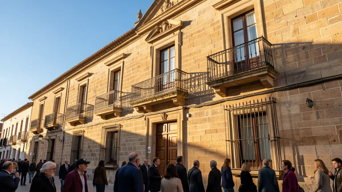 Stone facade of an Andalusian town hall with balcony and iron railings, warm afternoon sunlight casting shadows on the sandstone walls, blue sky.
