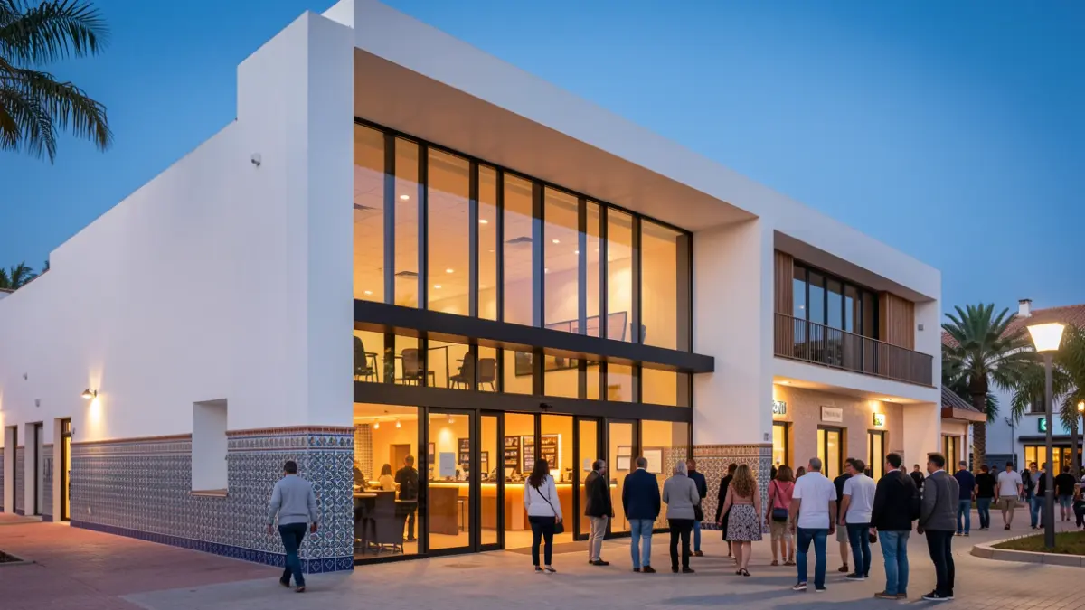 Image of the facade of a modern cinema complex at dusk, with warm lights and contemporary architecture.