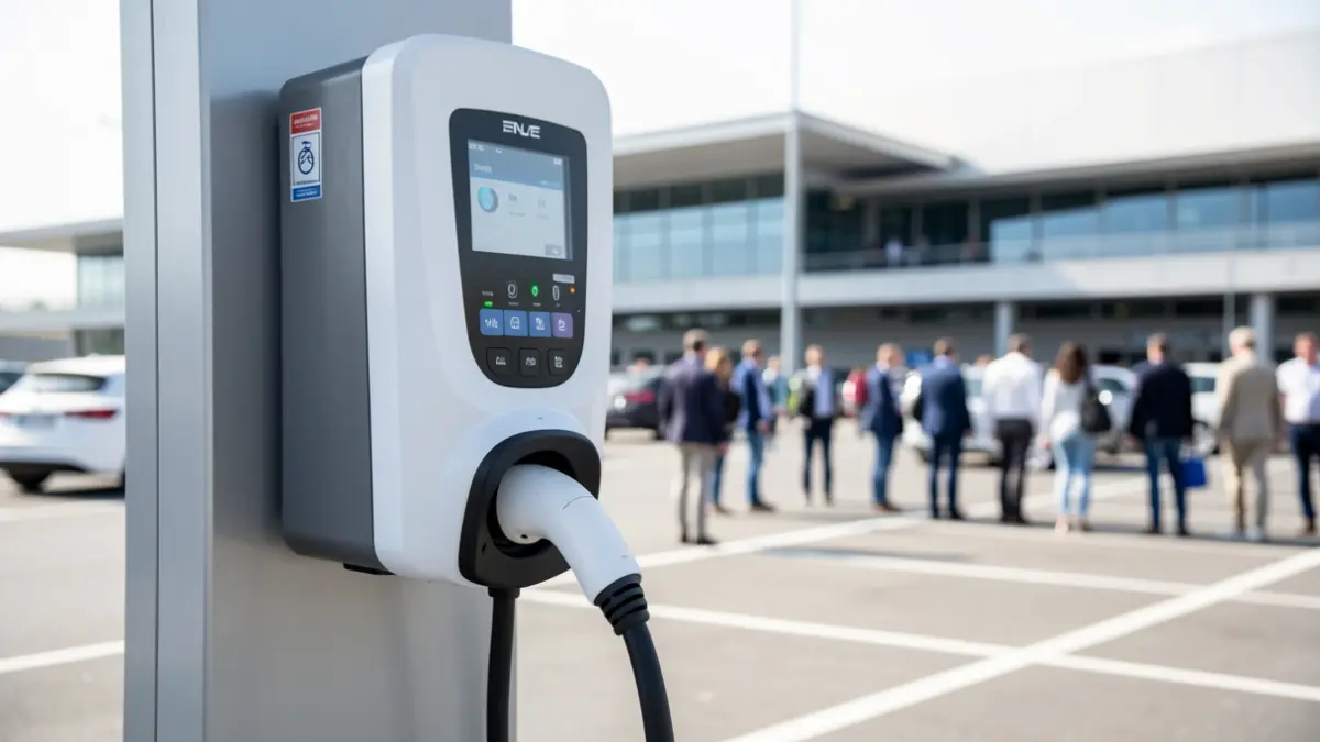 Imagen genérica de un punto de recarga para vehículos eléctricos en un aparcamiento de aeropuerto.