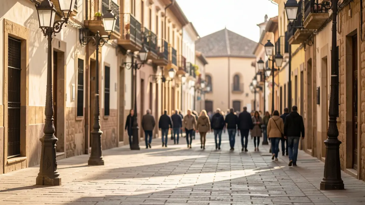 Cobblestone street in the historic center of Córdoba with streetlamps and blurred facades.