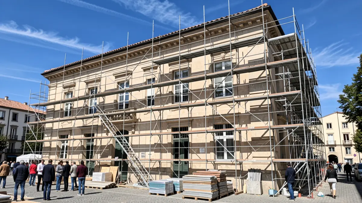 Facade of a municipal school undergoing renovation with scaffolding and construction materials.