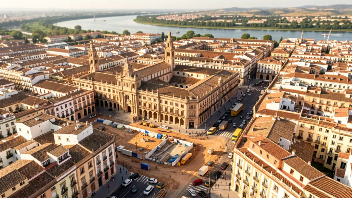 Vista aérea del centro de Sevilla con obras que afectan la movilidad.
