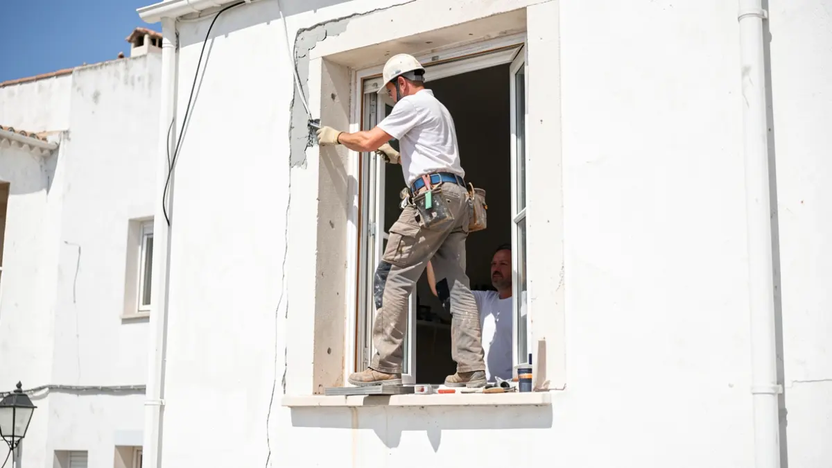 Image of a construction worker performing dangerous repairs on the exterior of a window in Cádiz.