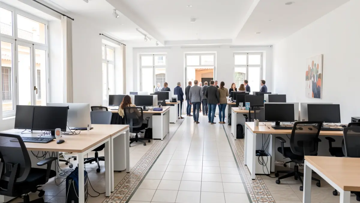 Generic image of a modern co-working space with offices and natural light.