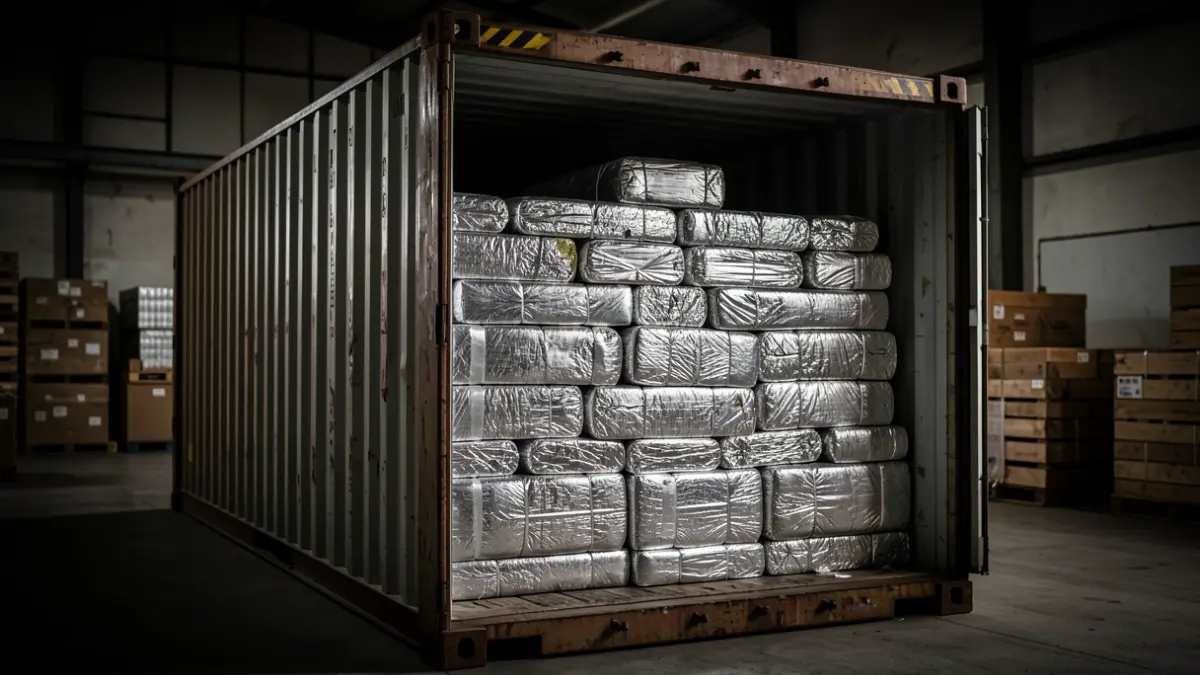 Shipping container with hidden packages inside, discovered in a warehouse in El Ejido.