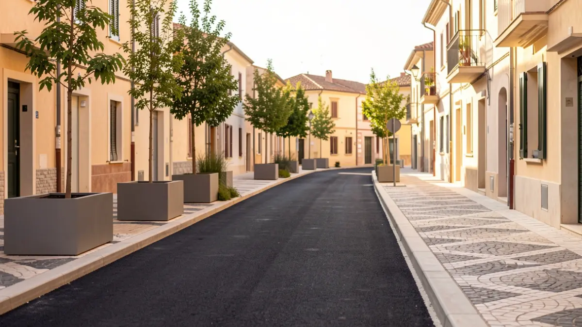 Imagen de la calle Las Parras de Ogíjares tras su remodelación integral con nuevo asfalto y zonas verdes.