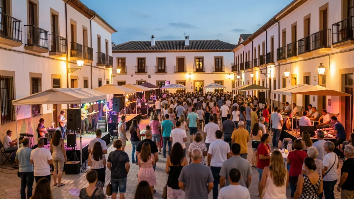 Imagen genérica de un festival de música en una plaza de pueblo andaluz al atardecer.