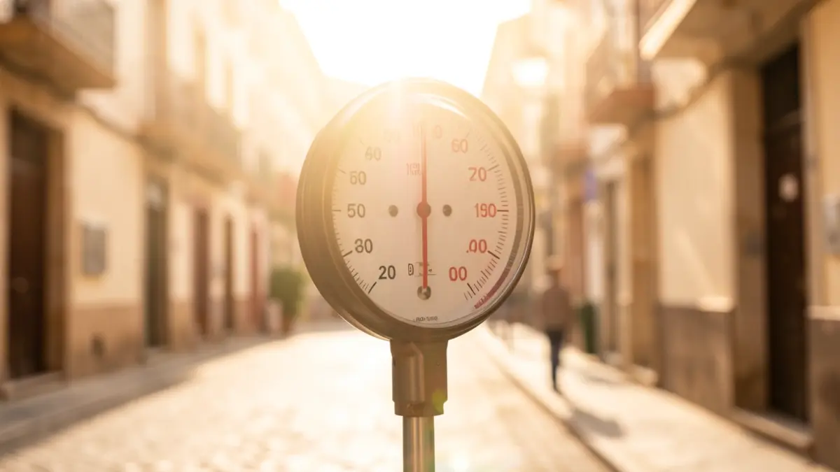 Termómetro marcando alta temperatura bajo un sol abrasador en una ciudad española.