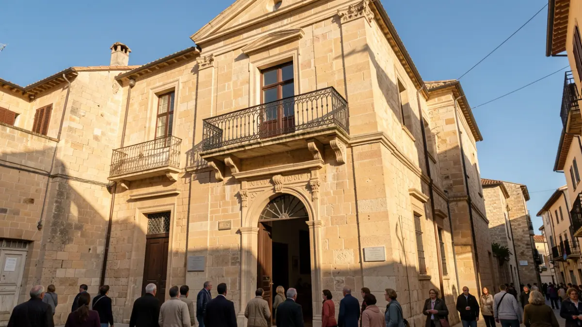 Fachada de piedra de un ayuntamiento andaluz con balcón de hierro forjado bajo la luz del sol.
