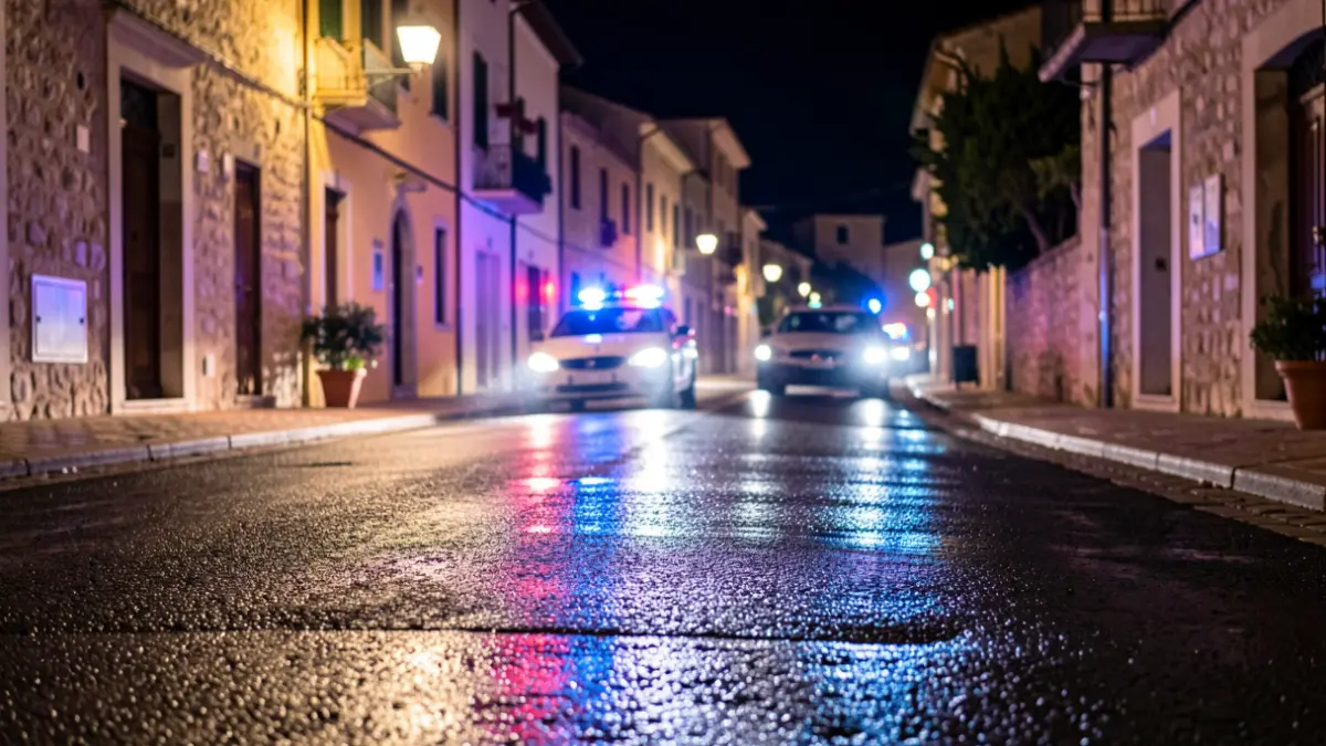 Generic image of police emergency lights reflecting on wet asphalt at night.