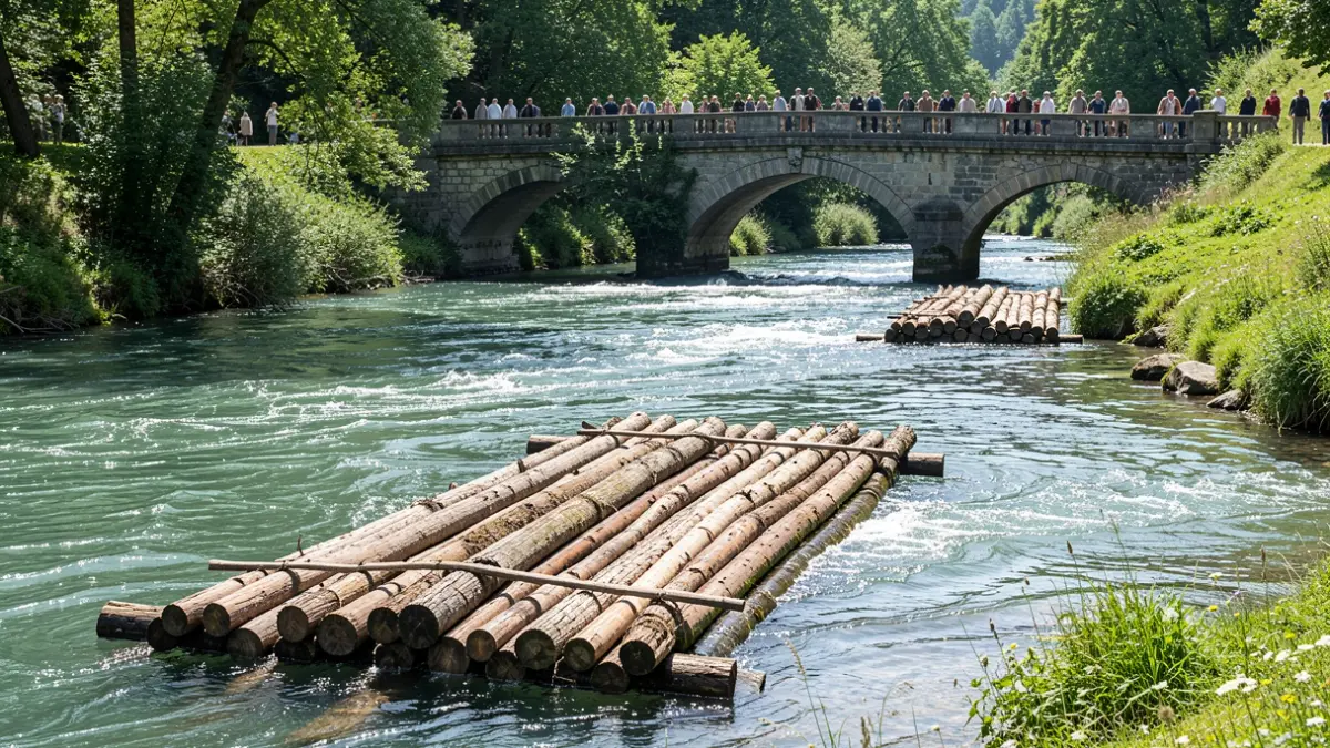 Image of a traditional log raft floating down a river in a green valley with a stone bridge in the background.