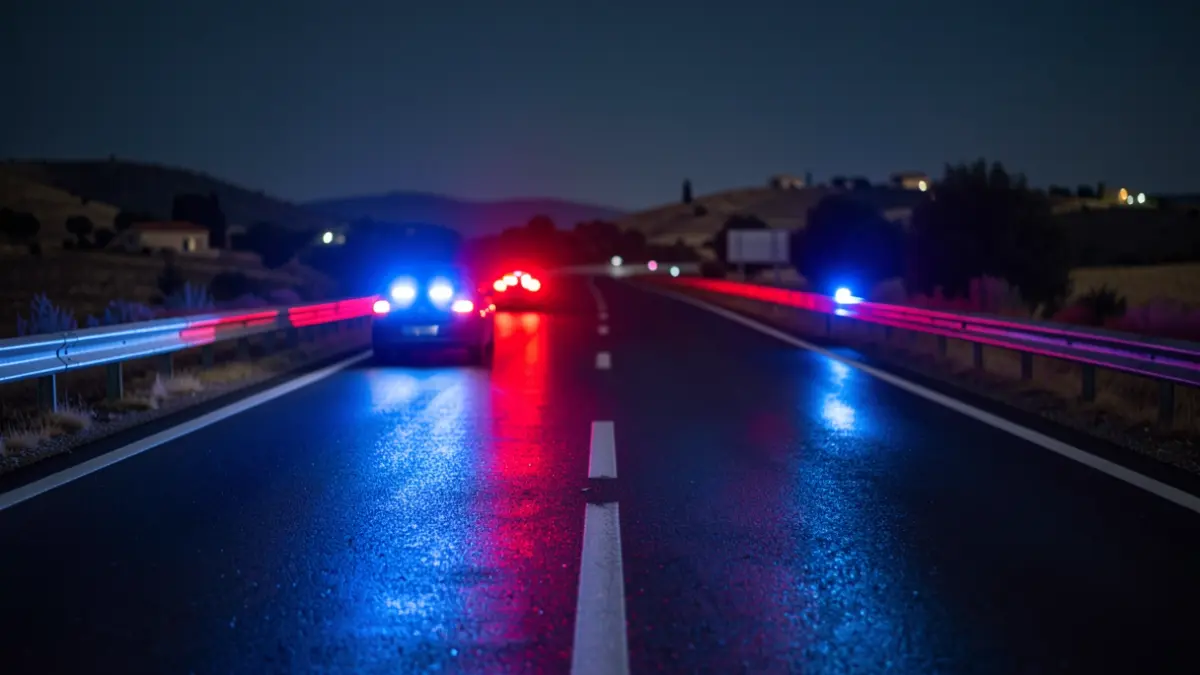 Generic image of police emergency lights reflecting on wet highway asphalt at night.