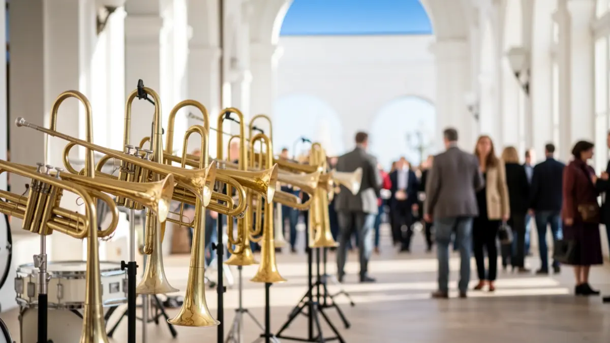 Instrumentos de una banda de música dispuestos en una sala con luz solar.
