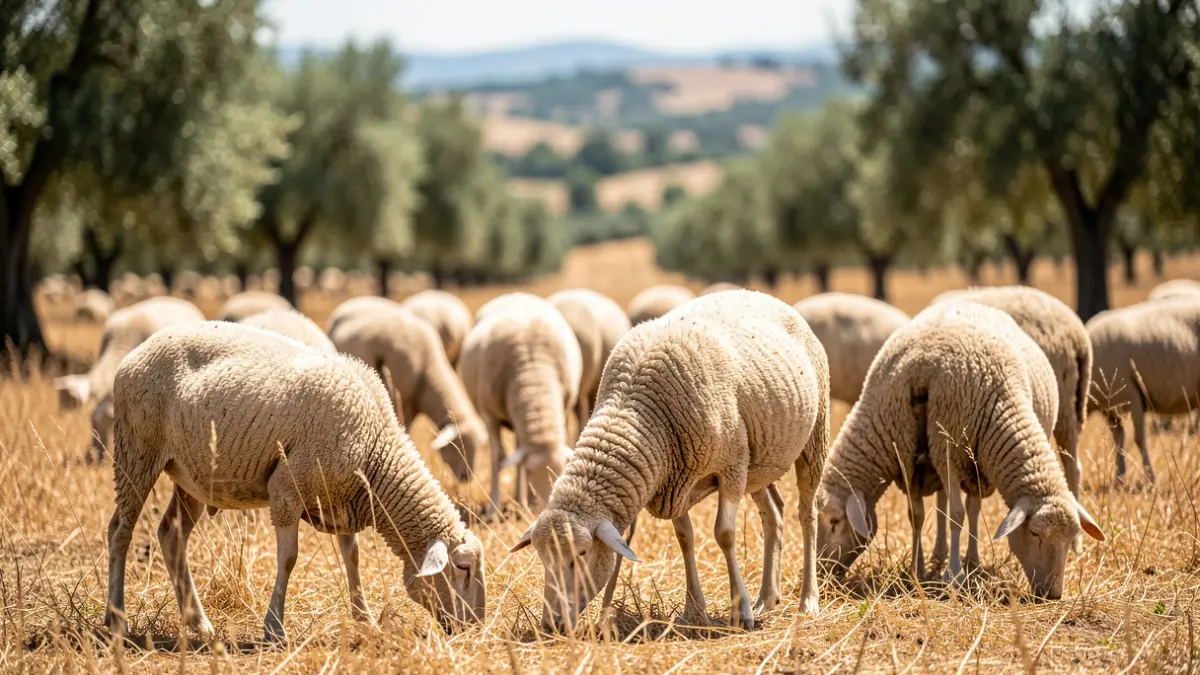Flock of sheep grazing in a dry Mediterranean landscape.