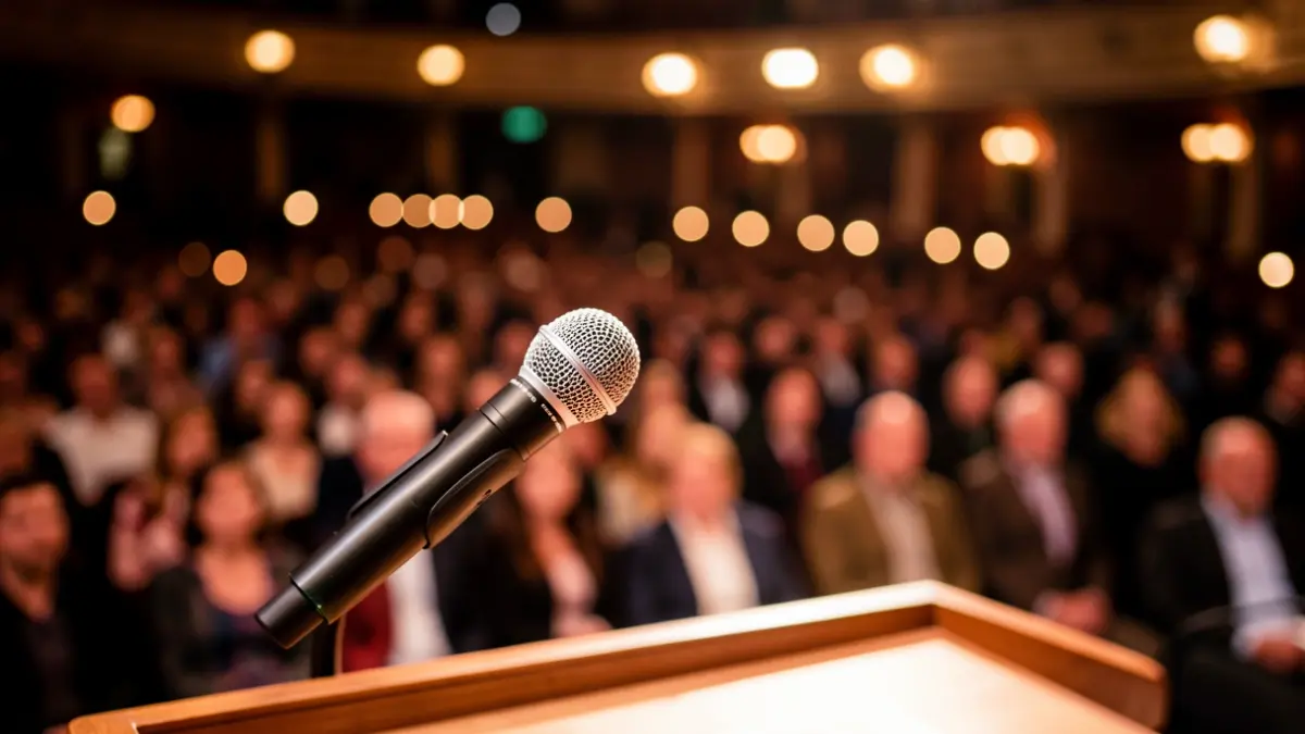 Generic image of a microphone on a stage with blurred audience lights.