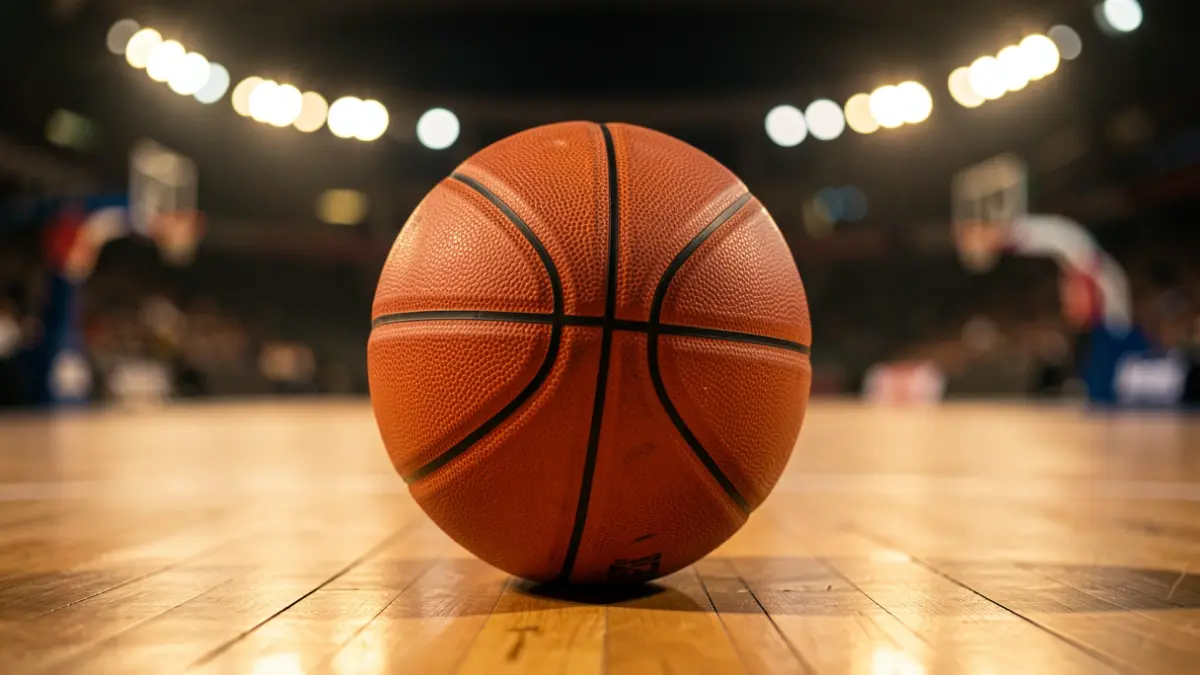 Primer plano de un balón de baloncesto en una cancha de madera, con luces del estadio desenfocadas al fondo.