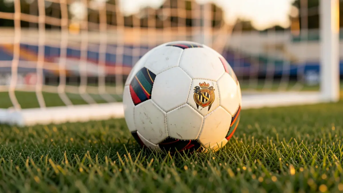 Generic image of a soccer ball on grass with the goal blurred in the background.