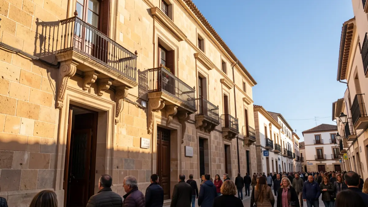 Fachada de un ayuntamiento andaluz con balcón y barandillas de hierro, luz cálida de la tarde.