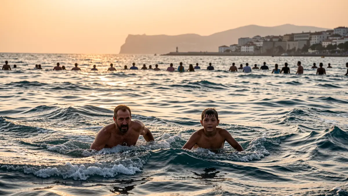 Padre e hijo nadando en el Estrecho de Gibraltar al atardecer.