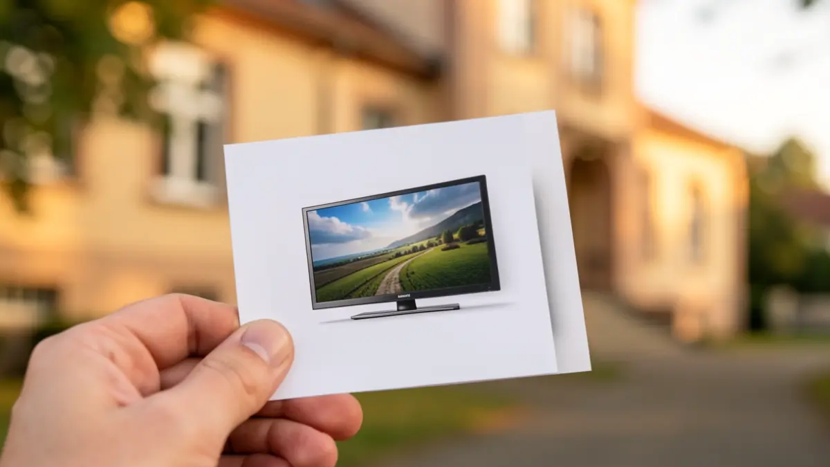 Imagen de un boleto de rifa con un televisor, en manos de un padre, con un colegio al fondo.