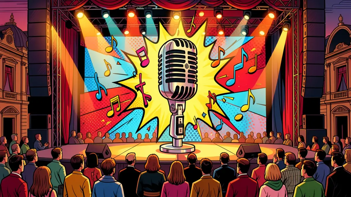 Imagen genérica de un escenario con un micrófono y elementos de cómic y música.