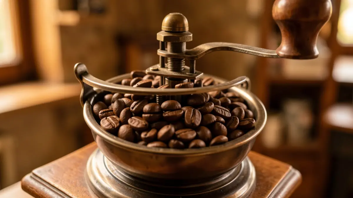 Close-up of a coffee grinder with roasted coffee beans, evoking artisanal quality.