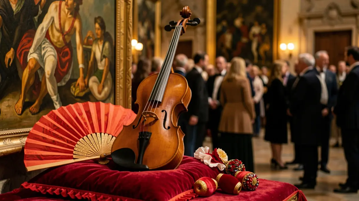 Image of a viola da gamba, a flamenco fan, and castanets, with a background inspired by Zurbarán's painting.