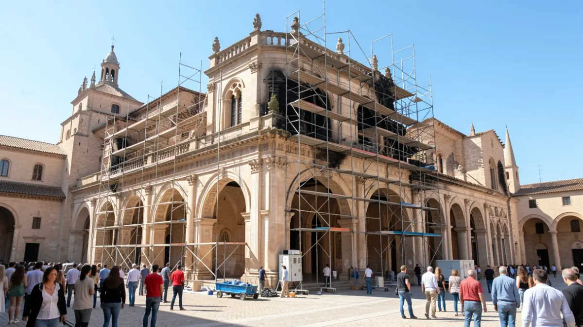 Facade of the Mezquita-Cathedral of Córdoba undergoing restoration after a fire.