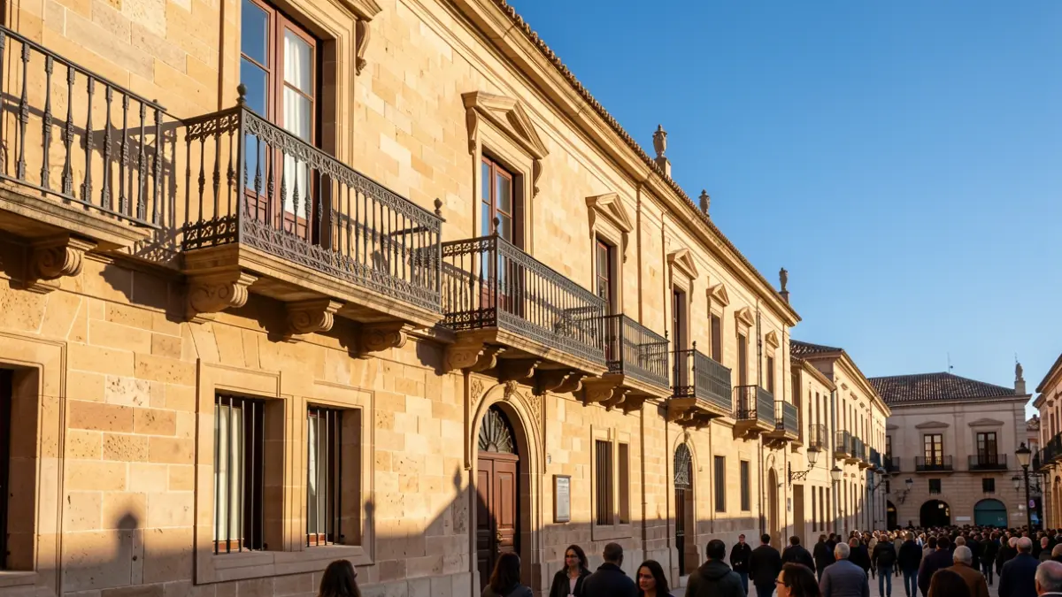 Fachada del Ayuntamiento de Córdoba con balcón y barandillas de hierro, luz de sol de la tarde.