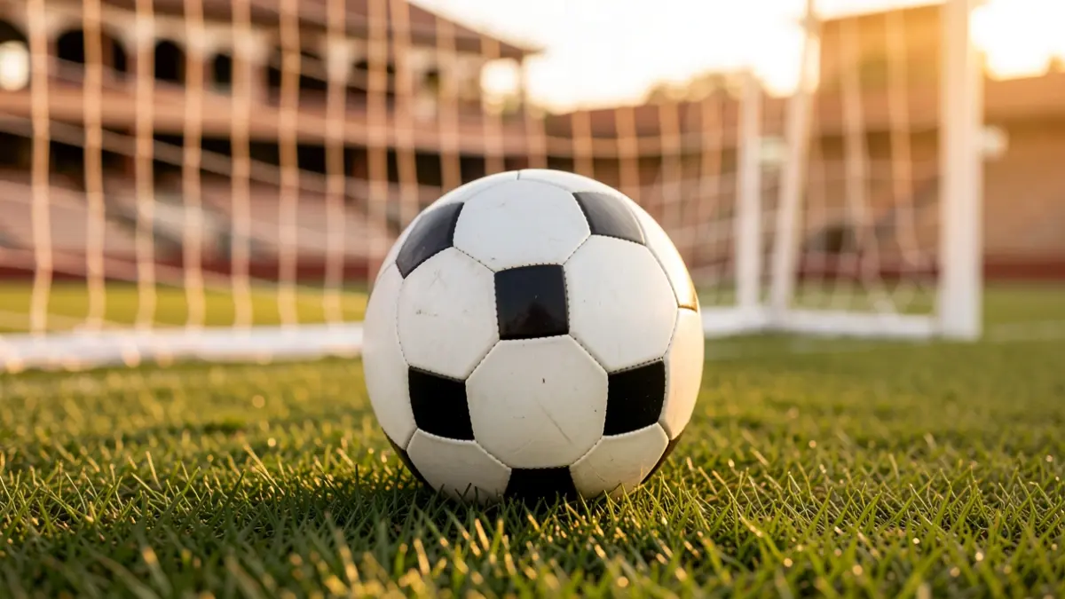 Imagen genérica de un balón de fútbol sobre césped con la portería desenfocada.