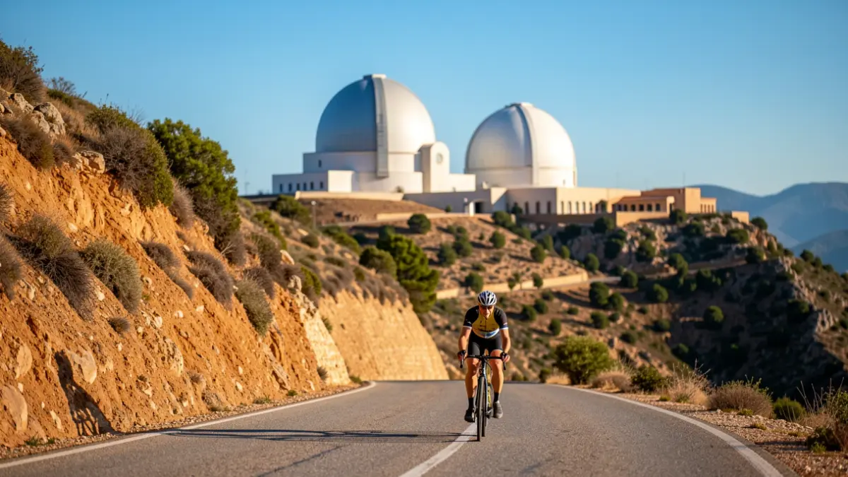 Cyclist on an Andalusian mountain road with the Calar Alto Observatory in the background.