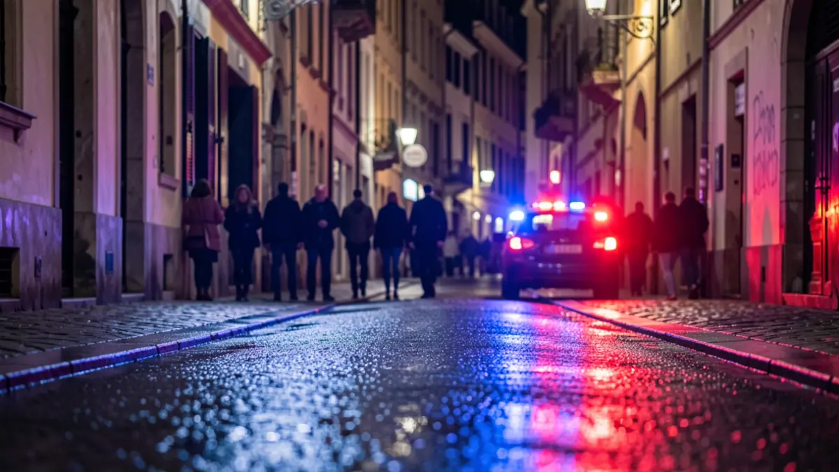 Imagen genérica de luces de emergencia policiales reflejándose en el asfalto mojado de una calle histórica por la noche.