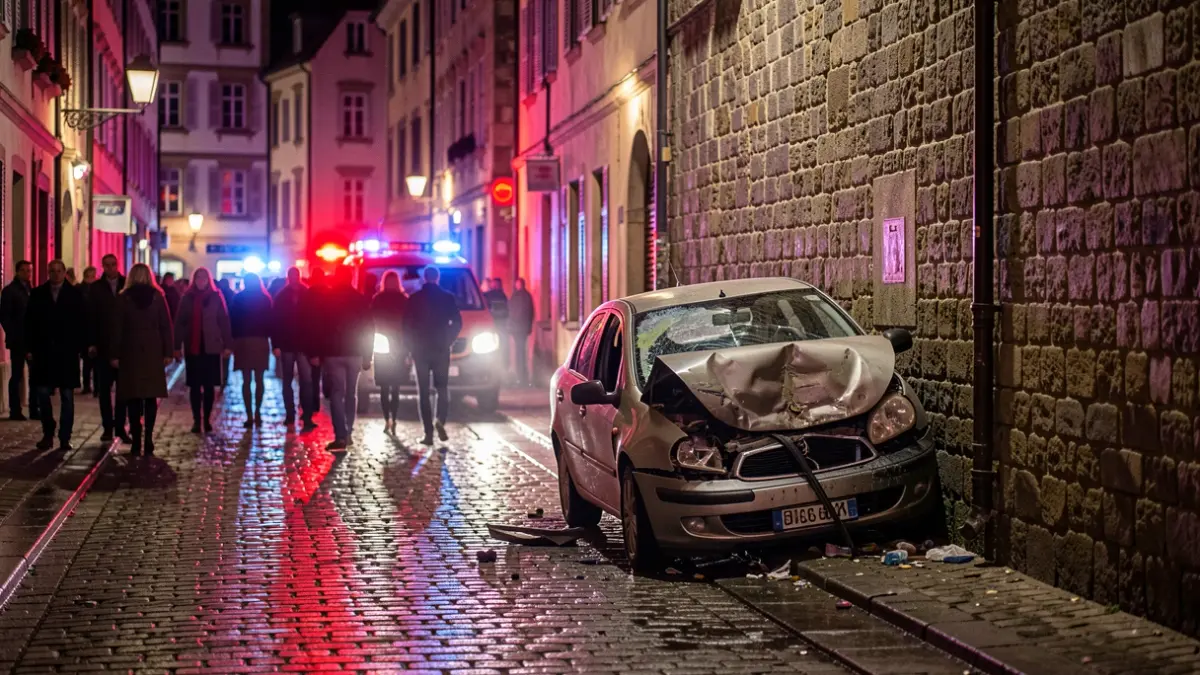 Imagen de un coche estrellado en una calle histórica por la noche, con luces de emergencia.