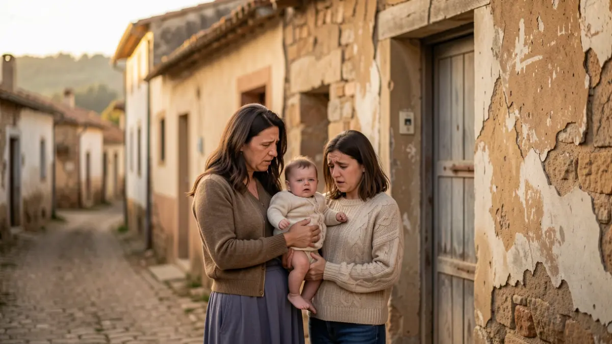 Imagen de una familia vulnerable frente a una casa en mal estado en Láchar.