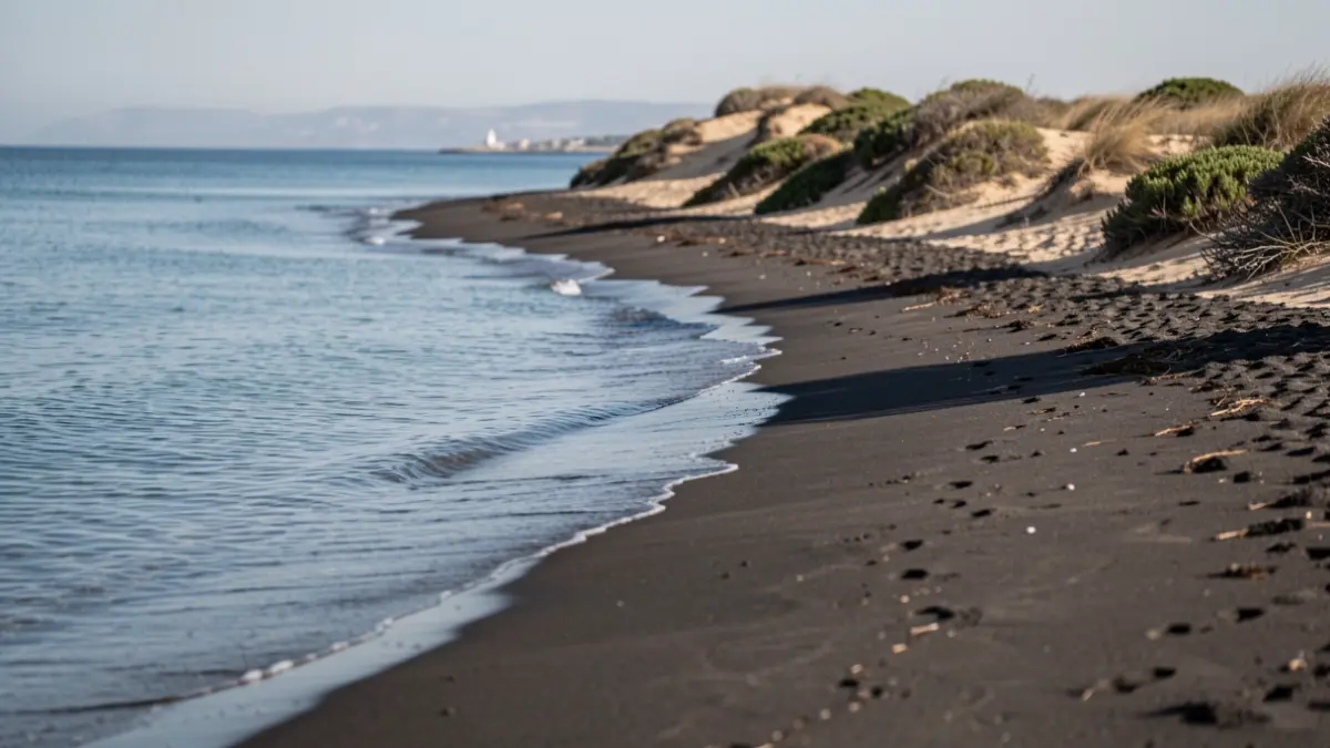 Imagen genérica de una playa de arena oscura con dunas y vegetación.