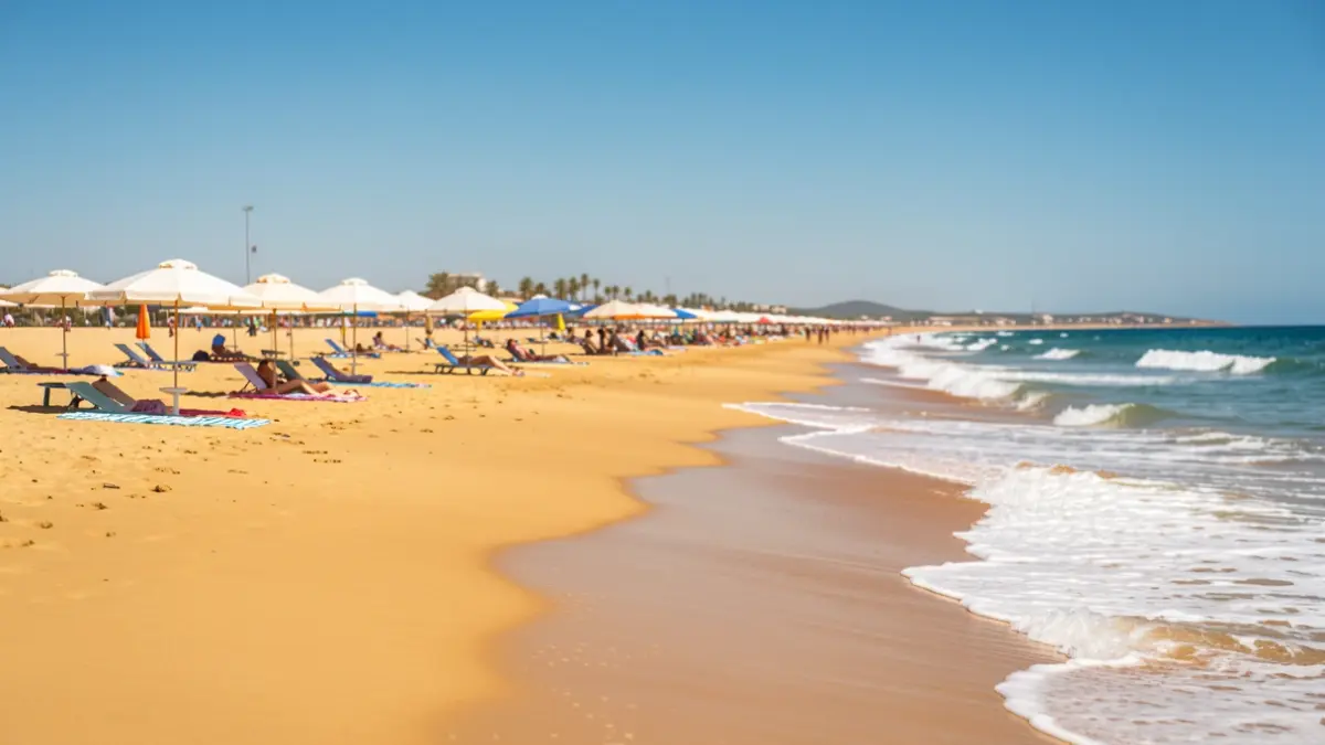 Generic image of an Andalusian beach with umbrellas and towels.