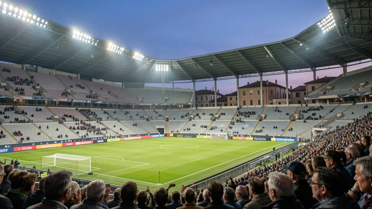 Generic image of a football stadium at dusk, with empty stands and floodlights on.