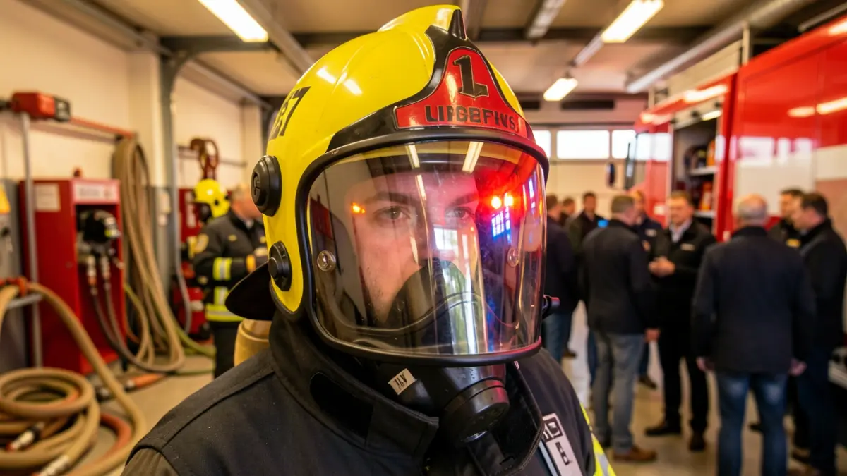 Primer plano del casco de un bombero con luces de emergencia borrosas al fondo.