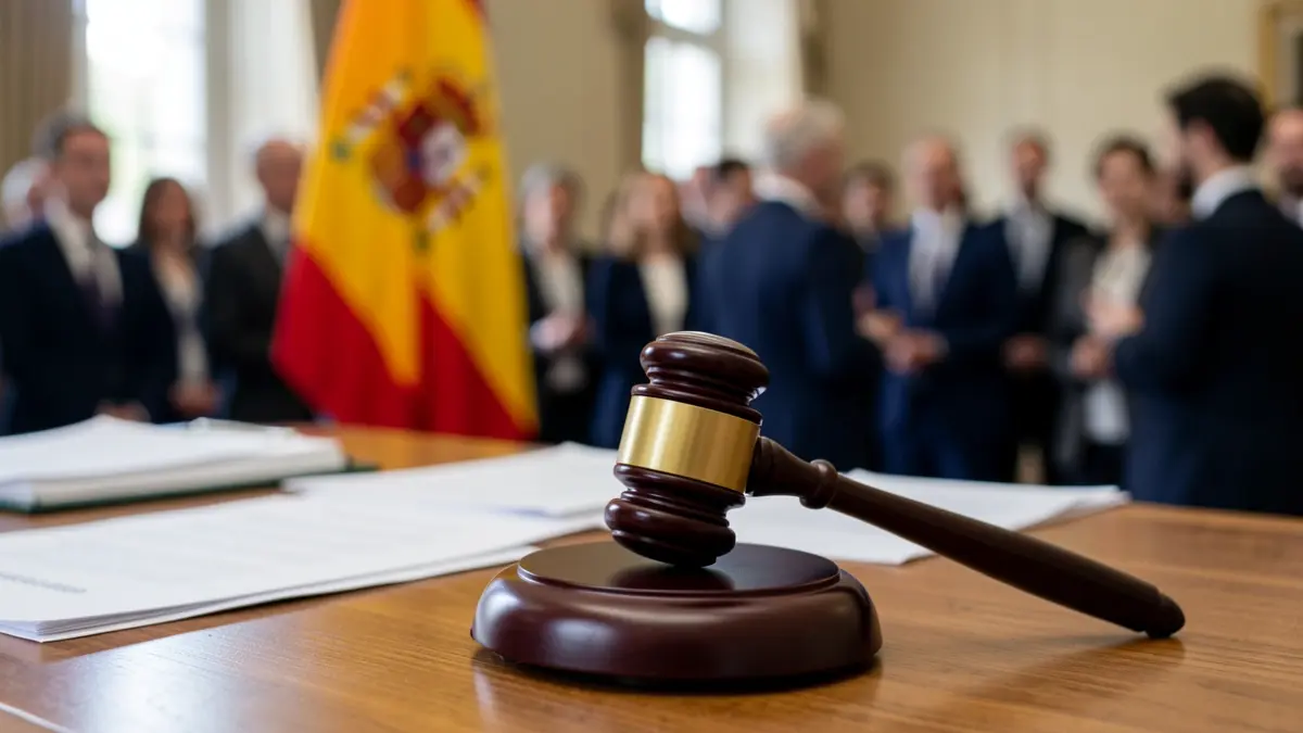 Generic image of a judge's gavel on a desk with blurred legal documents and a Spanish flag in the background.