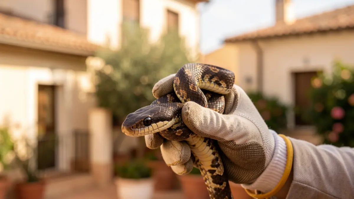 Image of a bastard snake being captured by a police officer in a home in Castilleja de la Cuesta.