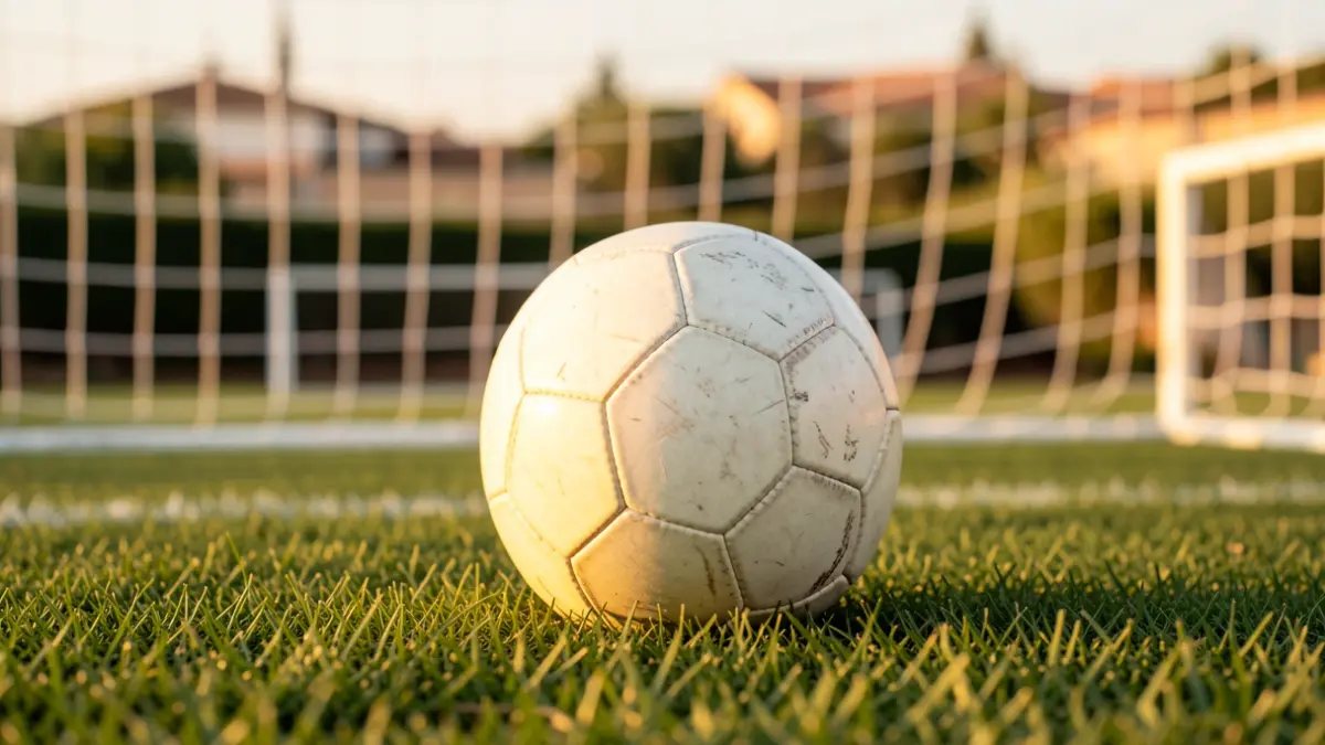 Generic image of a soccer ball on grass with the goal blurred in the background.