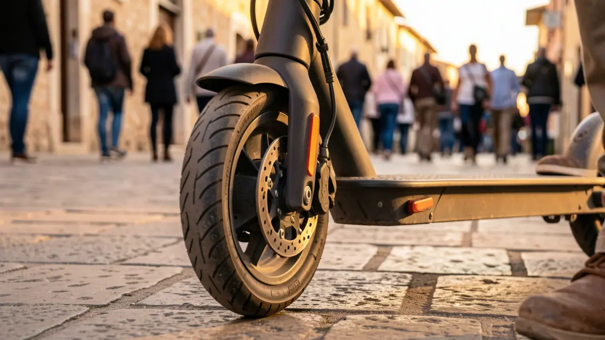 Electric scooter wheel parked on a stone sidewalk in warm light.