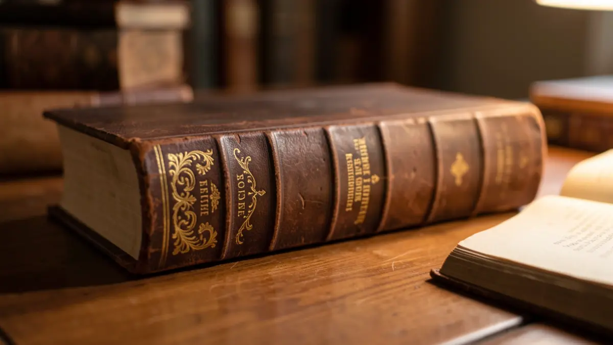 Close-up of an old book with gold lettering on a wooden desk.
