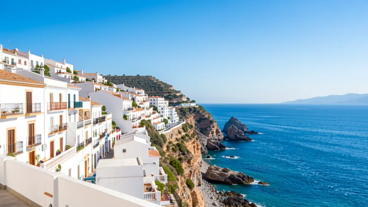 Sunny sky over the coastal town of Nerja, with white buildings and the Mediterranean Sea in the background.