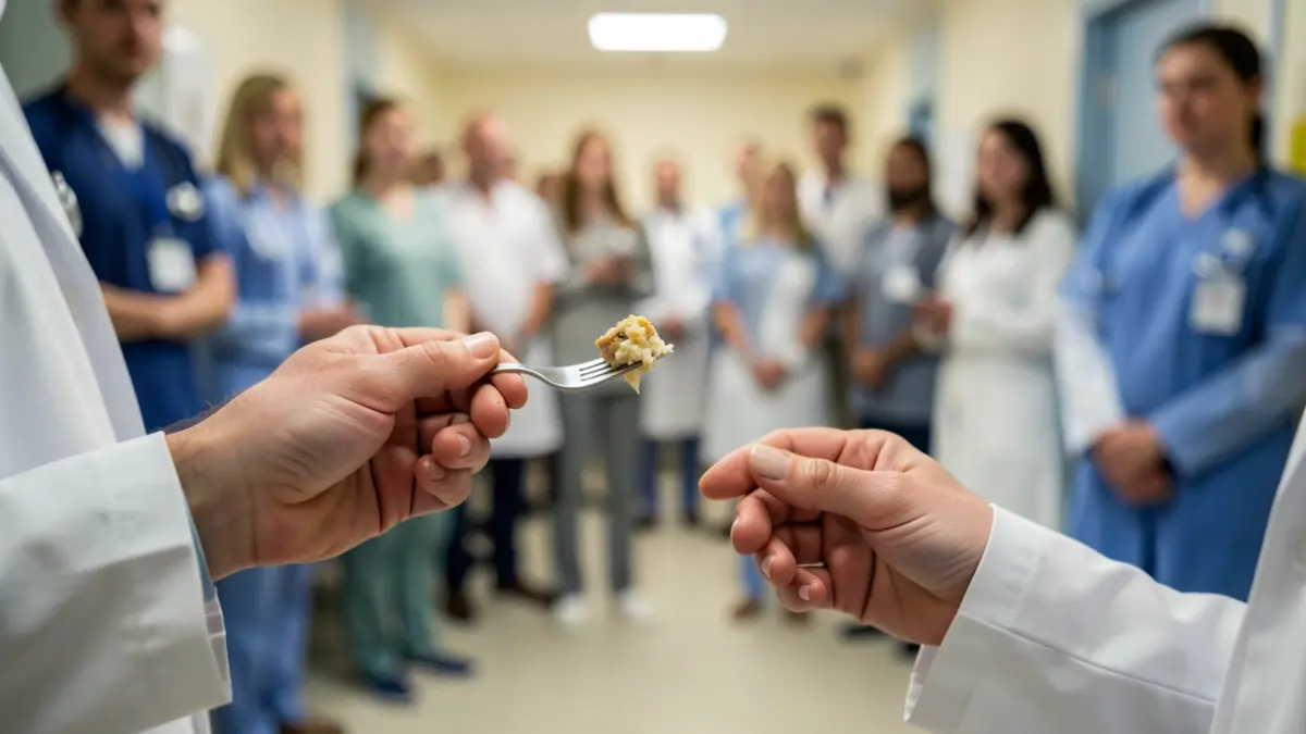 Close-up of hands holding a fork with food, with a blurred hospital in the background.