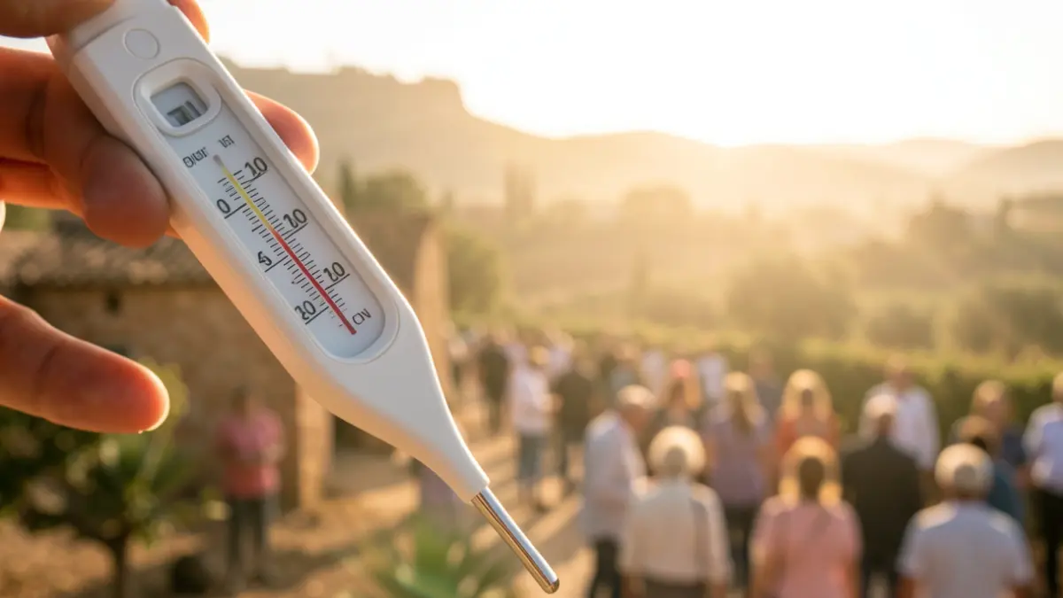 Generic image of a thermometer showing high temperature with a sunny Andalusian landscape background.