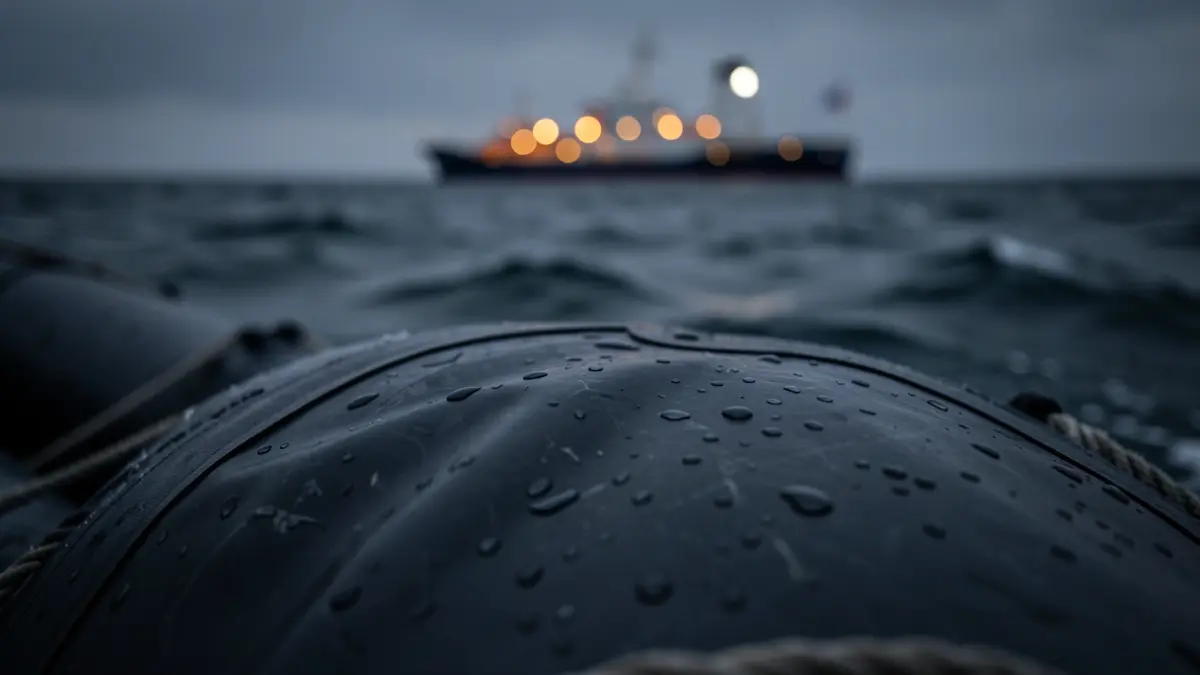 Image of an inflatable boat adrift at sea.