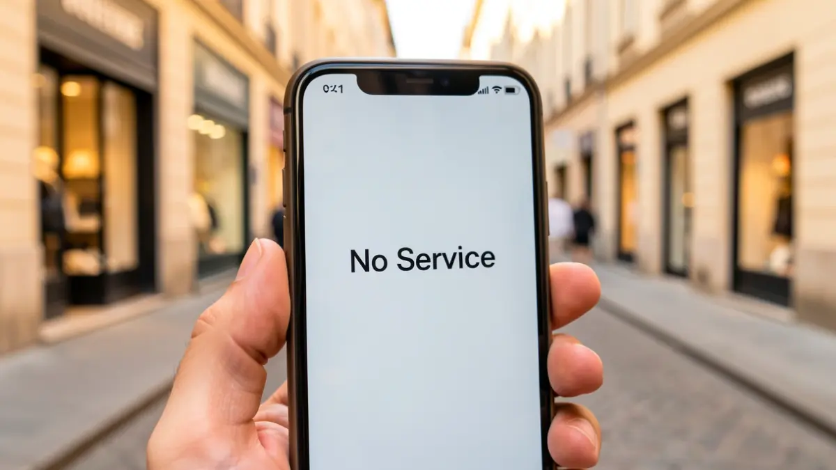 Generic image of a mobile phone showing 'No Service' on a commercial street.