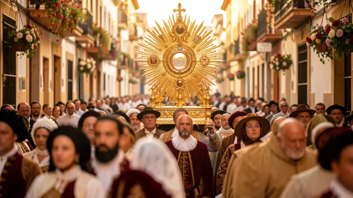 Corpus Christi procession in Seville featuring the Arfe Monstrance and decorated streets.