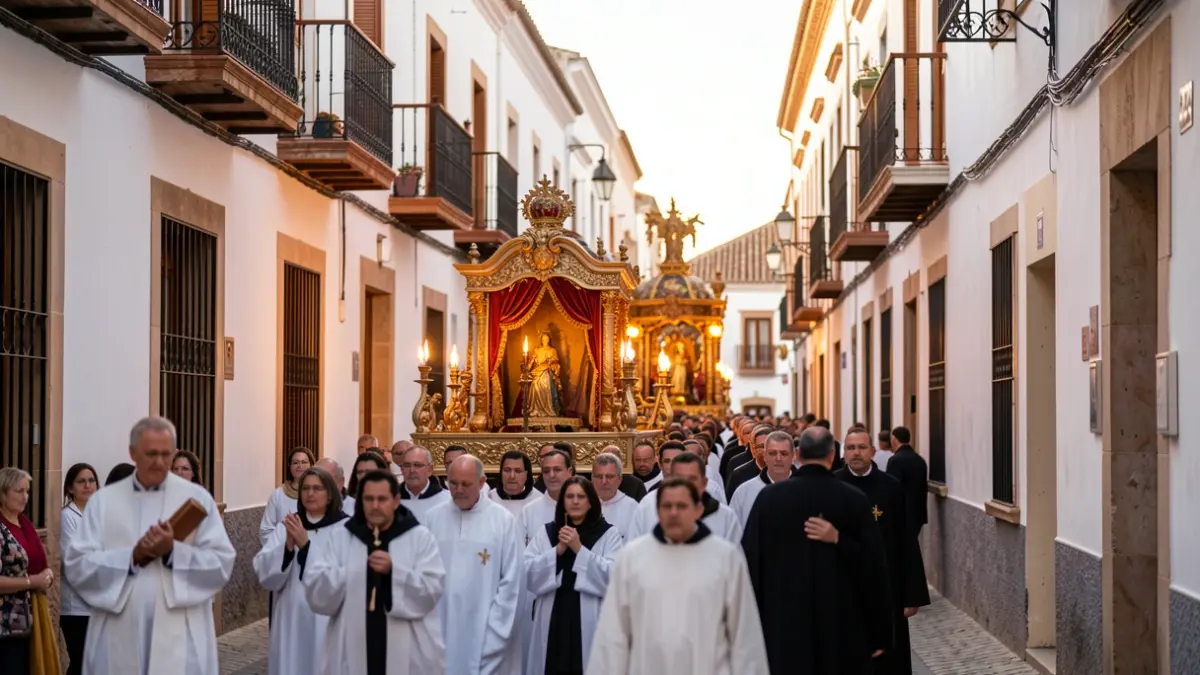Procesión religiosa en una calle de Andalucía con arquitectura tradicional.